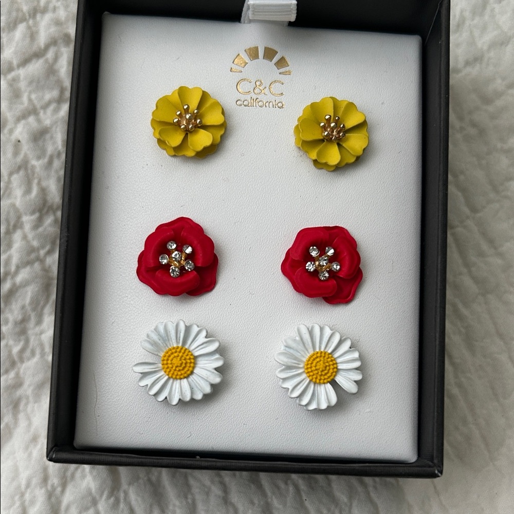C&C California Flower Earrings Set 3 Pairs Yellow Red Daisy Floral